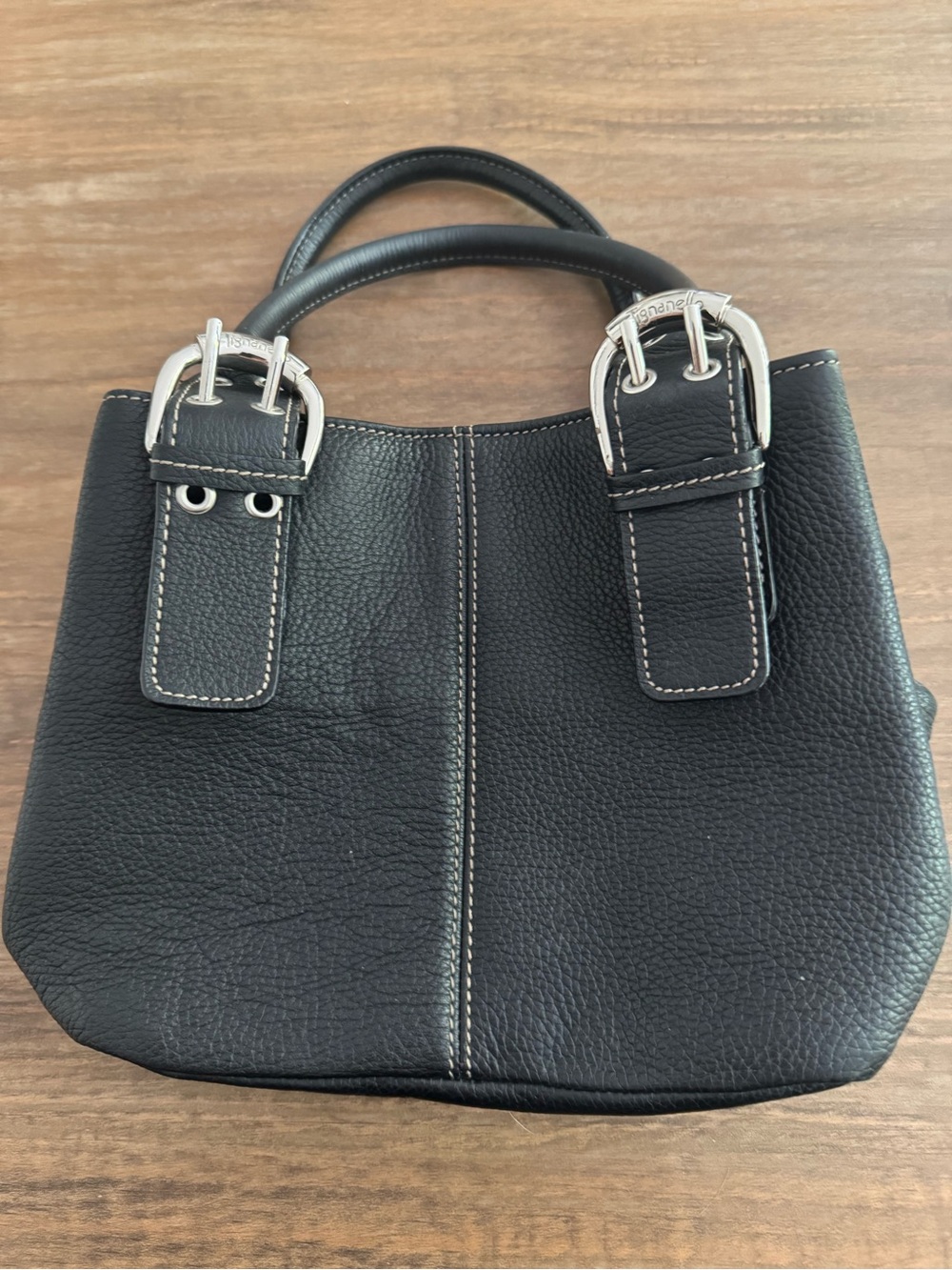 Y2K Tignanello Black Pebbled Leather Shoulder Bag with Silver Buckles